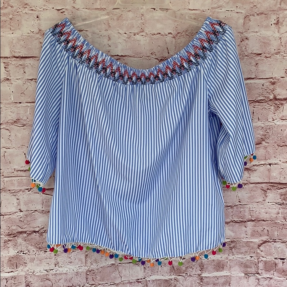 Striped Off-Shoulder Top with Pom Pom Trim